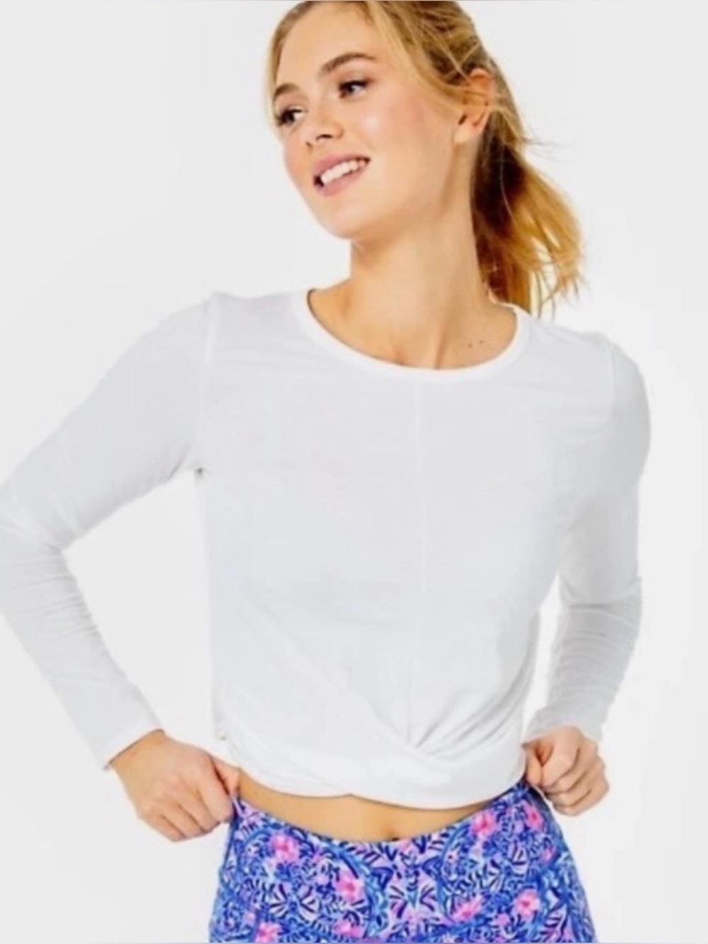 Lilly Pulitzer Luxletic Twist-Front Long Sleeve Top White, size L, like new!